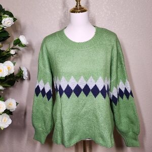 Coco + Carmen Green Argyle Knit Sweater L/XL | Cotton Blend Crewneck Pullover